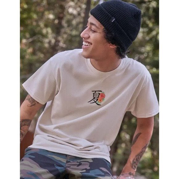 Riot Society Men Shirt Large Sand Embroidered Floral Chinese Character Skate Gym - Picture 7 of 7